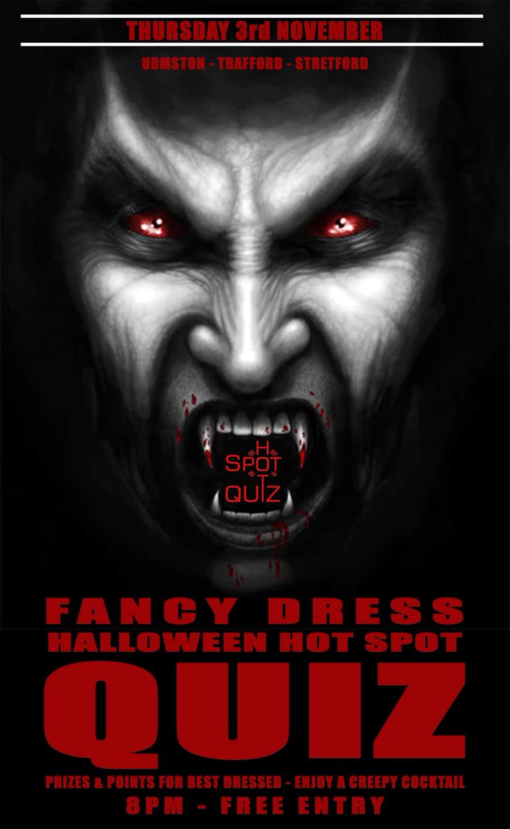 THURSDAY - 😈 Stake you place at <a href="/TheUrmston/">The Urmston</a> in #Urmston tonight for our last Halloween 🎃 <a href="/HotSpotQuiz/">Hot Spot Quiz 1.4k</a> Powered by <a href="/SpeedQuizzing/">SpeedQuizzing</a> 
It's FREE &amp; starts at 8pm
#UrmstonQuiz #PubQuiz #QuizNight #SpeedQuiz
Where we still have £500 on offer on Play Your Cards Right #PYCR #YourUrmston