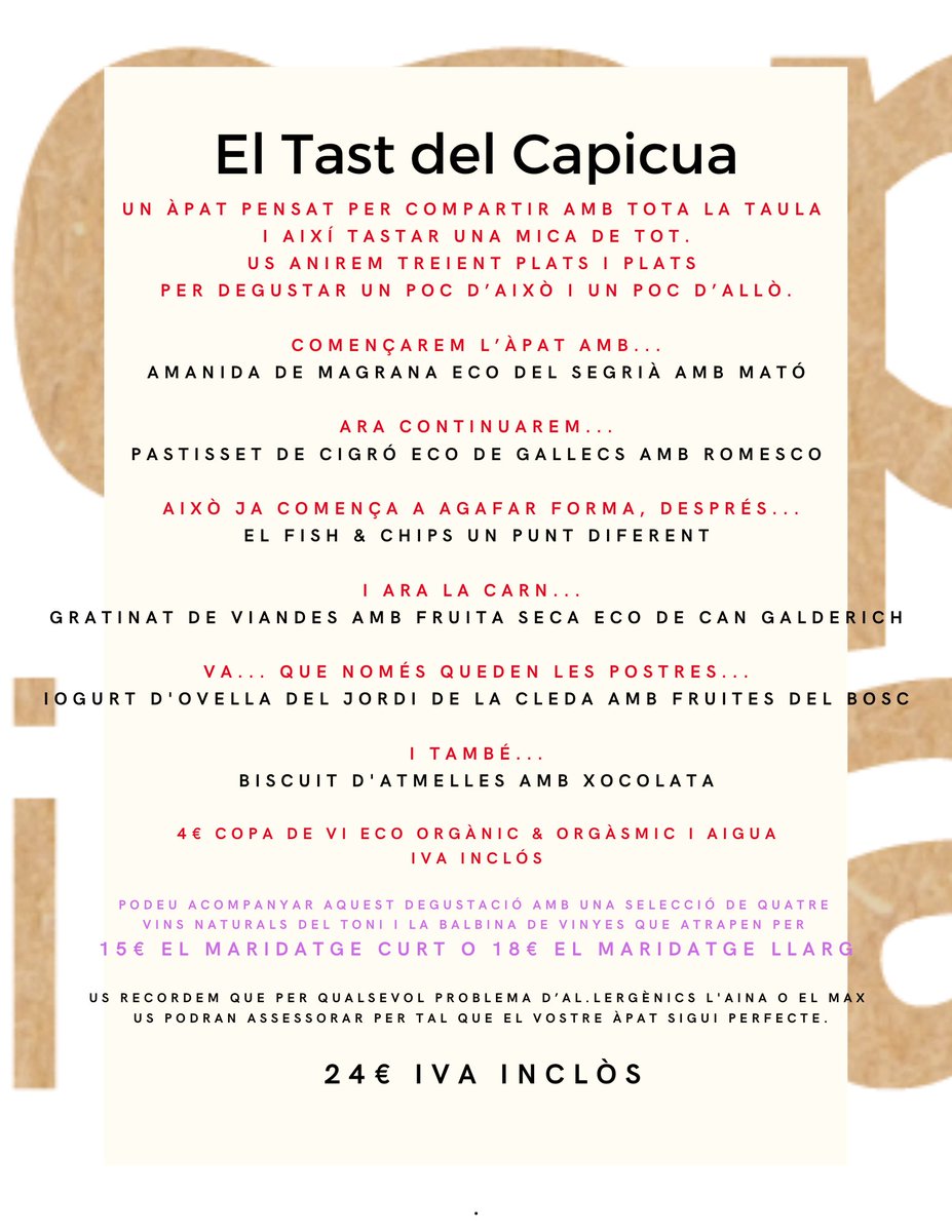 cuinetescapicua's tweet photo. Heu vist el #TastdelCapicua i els #DegustacionsdelCapicua q farem aquest #CapdeSetmana?
#DijousNit, #DivendresNit, #DissabteMigdia i #DissabteNit!
#Degustar #Compartir #Degustació #SlowFood #Km0 #Eco 935809635 I per emportar o a casa vostra amb @rapidicalent? TAMBÉ!!! https://t.co/sTYIanxz5F