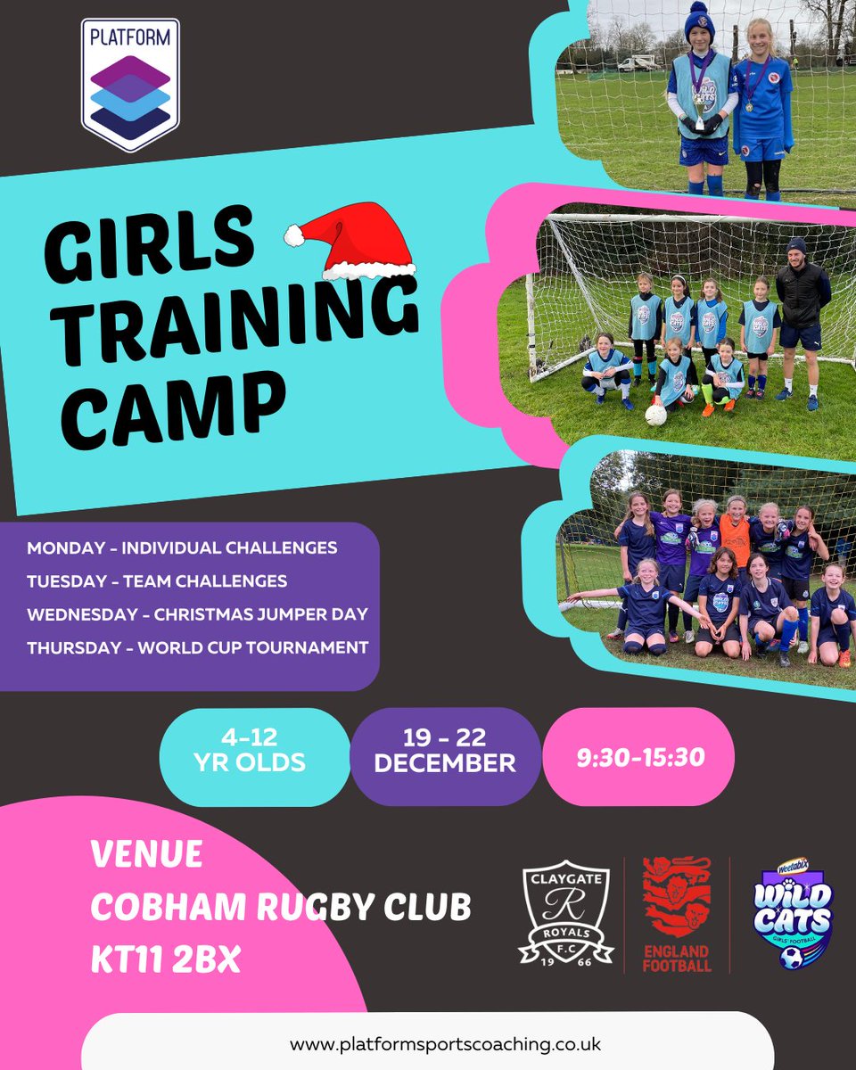 💥 GIRLS TRAINING CAMP 💥

🏟 Cobham Rugby Club 
⏰ 9:30 - 15:30 
📆 19 - 22 December

…form-sports-coaching.class4kids.co.uk/camp/72