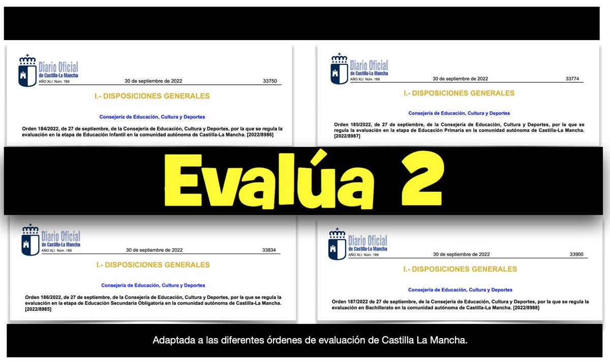 fefemo11's tweet photo. NOVEDADES EVALUA2
Ya tenéis disponible la nueva versión de Evalua2 adaptada a los niveles competenciales descritos en los informes oficiales de las diferentes órdenes de evaluación de Castilla La Mancha.

https://t.co/8SZLVD1N4N
@innovadocentes https://t.co/d8LgCwkN7o