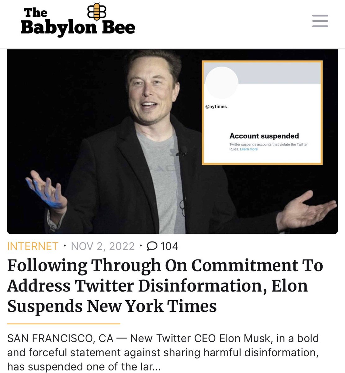 🐝🐝🐝🐝🐝🐝🐝🐝🐝 HOW AMAZING IF… 😝 Following Through On Commitment To Address Twitter Disinformation, Elon Suspends New York Times