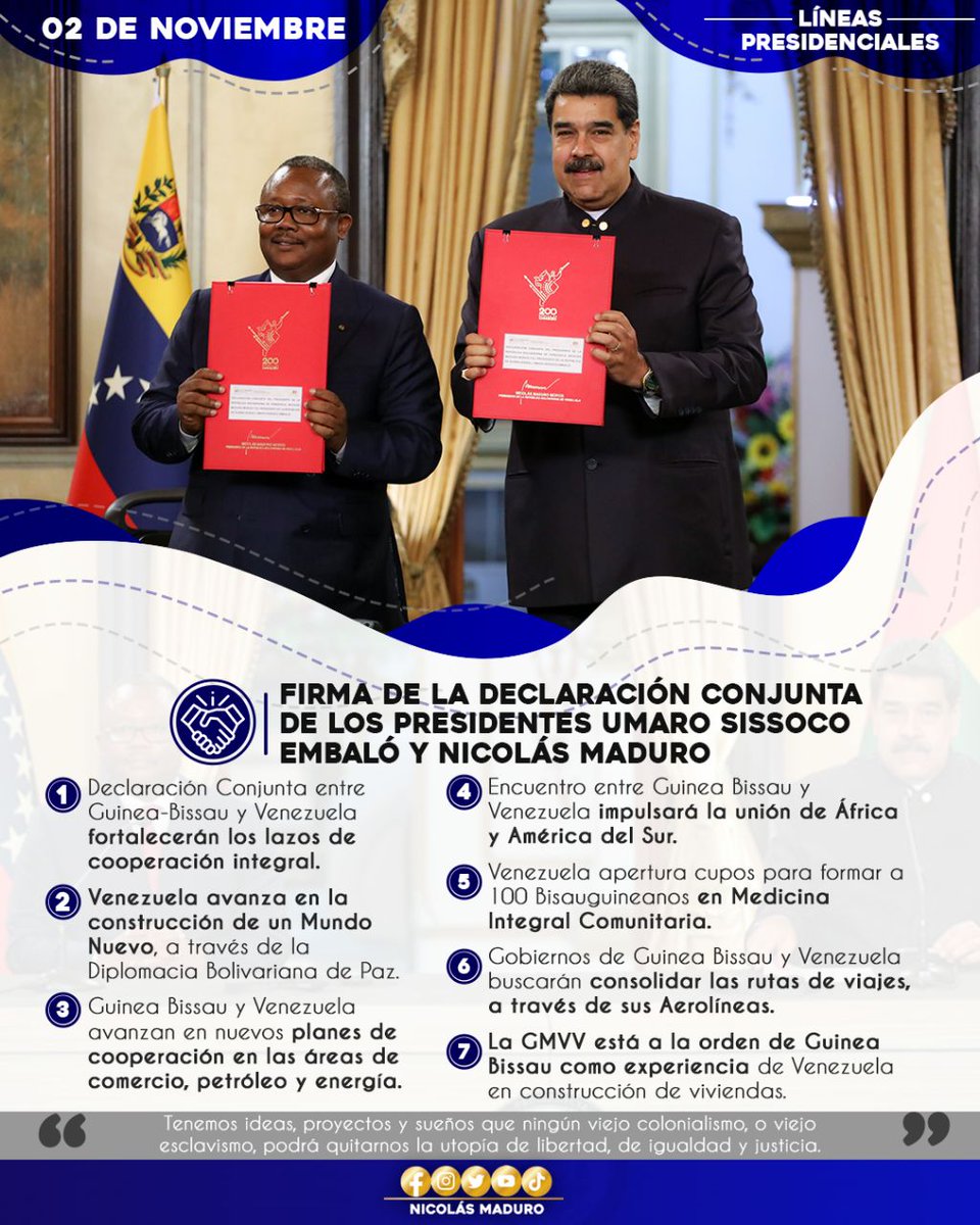 wardofmusic1's tweet photo. @JoseluiRock @NicolasMaduro @Mippcivzla @luchaalmada @DayraMRivasR @UnTalEduardo_ @fotoecocultura @ROQUI_NICOLAS @Marinerito16 @AnaGPinto1 @Aura41222831 @r_geranios @inforpatria @YriadS #TrabajoConjuntoYSeguro ¡Líneas Presidenciales: En el marco de la firma de la Declaración Conjunta con los Presidentes Umaro Sissoco Embaló y @NicolasMaduro ! ¡Unidos somos Invencibles! @DayraMRivasR @luchaalmada @fotoecocultura @BattleWinner3 @EloyCordero2 @Aura41222831 @YriadS https://t.co/A3BW3V2pOc