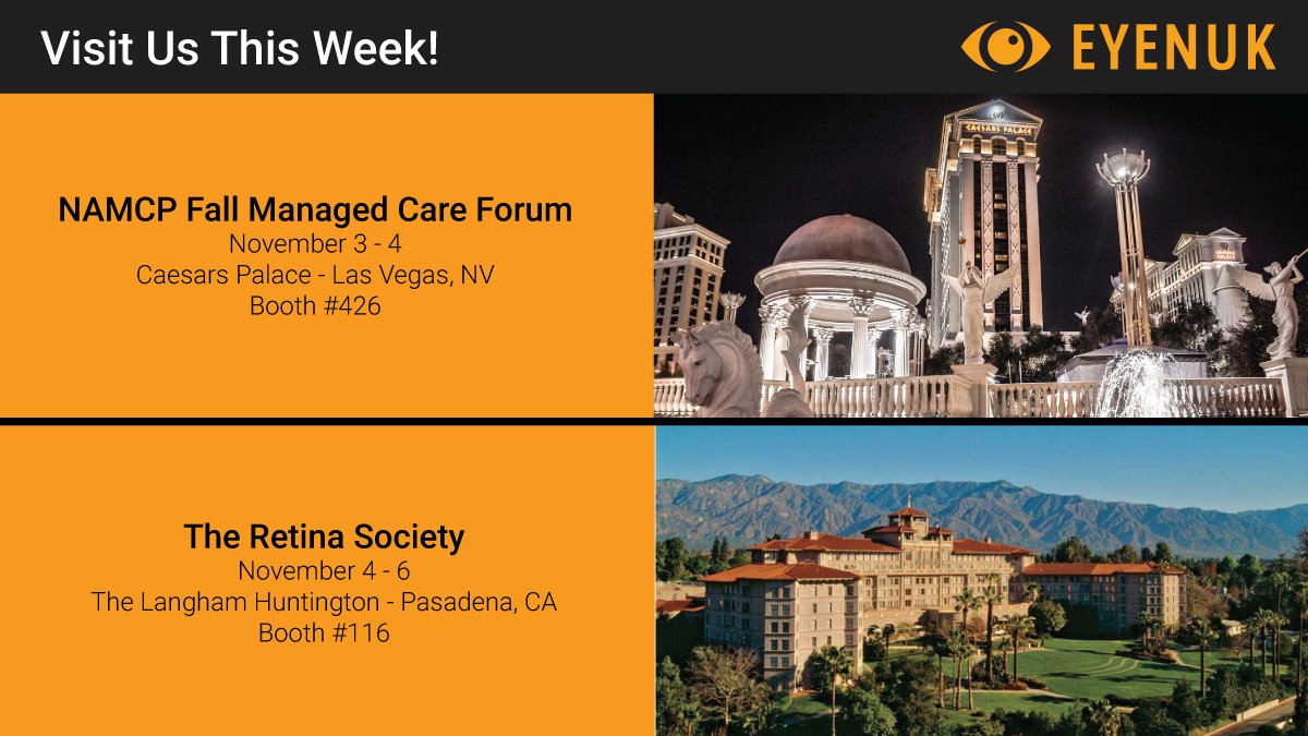 Visit <a href="/EyenukInc/">Eyenuk, Inc.</a> this week to learn more about our #EyeArt #AI system for #diabeticretinopathy testing. You can find us in Booth 426 at the <a href="/NAMCP/">NAMCP</a> Fall Managed Care Forum in Las Vegas, NV and Booth 116 at The <a href="/RetinaSociety/">TheRetinaSociety</a> meeting in Pasadena, CA.