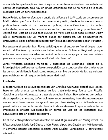Con presencia de parlamentarios, Carabineros y agricultores, como Multigremial del Sur realizamos una jornada de trabajo por inseguridad rural en Los Ríos, en el contexto del primer aniversario de las usurpaciones que afectaron a agricultores en la comuna de #Máfil.