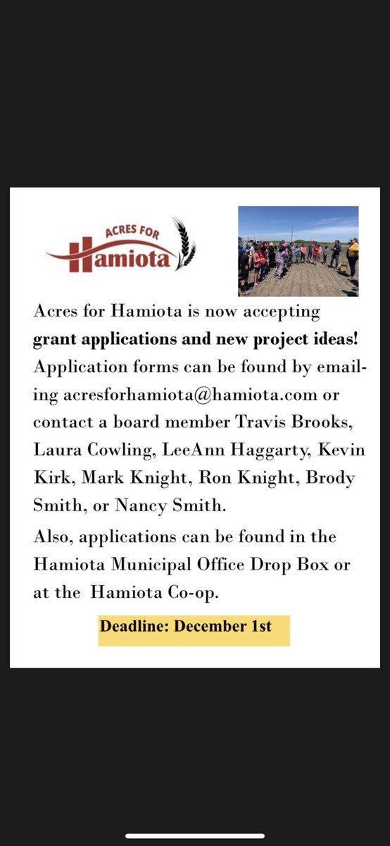AcresForHamiota's tweet photo. We are now accepting applications for funding as well as new project ideas! 
See the poster below for your funding application. We would also love to hear from the community on new project ideas! If you have an idea for our community please share it by contacting a board member. https://t.co/oeiLwllgmi