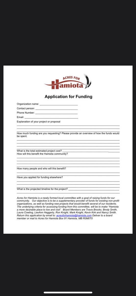 AcresForHamiota's tweet photo. We are now accepting applications for funding as well as new project ideas! 
See the poster below for your funding application. We would also love to hear from the community on new project ideas! If you have an idea for our community please share it by contacting a board member. https://t.co/oeiLwllgmi