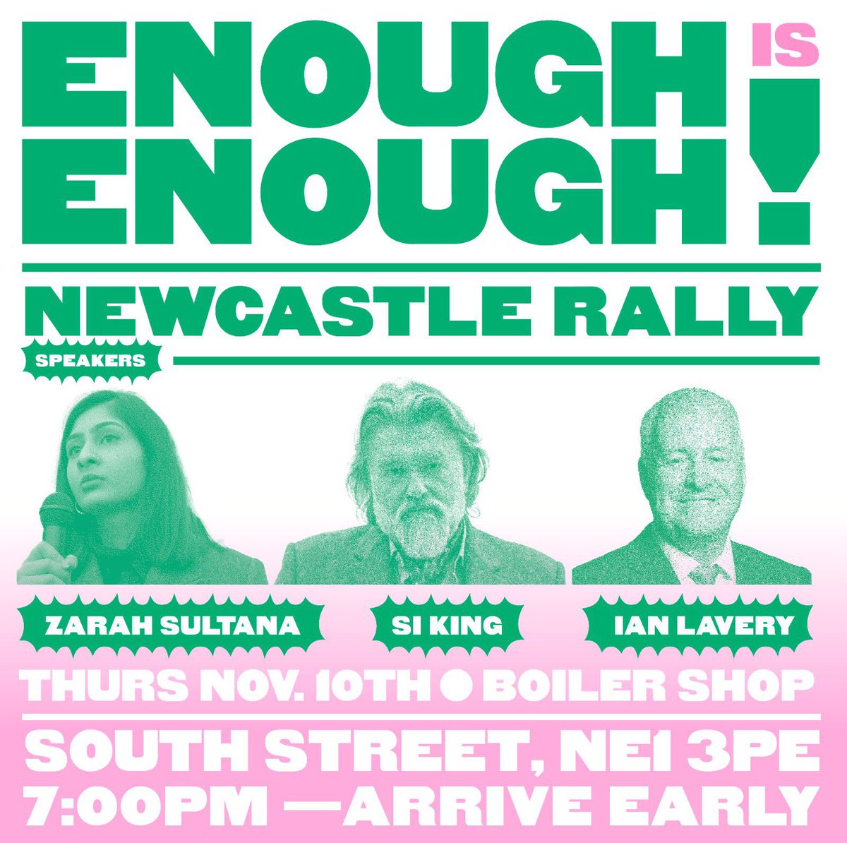 🚨 NEWCASTLE 🚨

Join us next Thursday (Nov 10th) from 7pm to say #EnoughIsEnough 👊

Featuring <a href="/HairyBikers/">Hairy Bikers</a> Si King, <a href="/ZarahSultana/">Zarah Sultana MP</a>, <a href="/nufcfoodbank/">NUFC Fans Foodbank</a> &amp; more.

Spaces going fast, register today! tinyurl.com/EiENCLRally