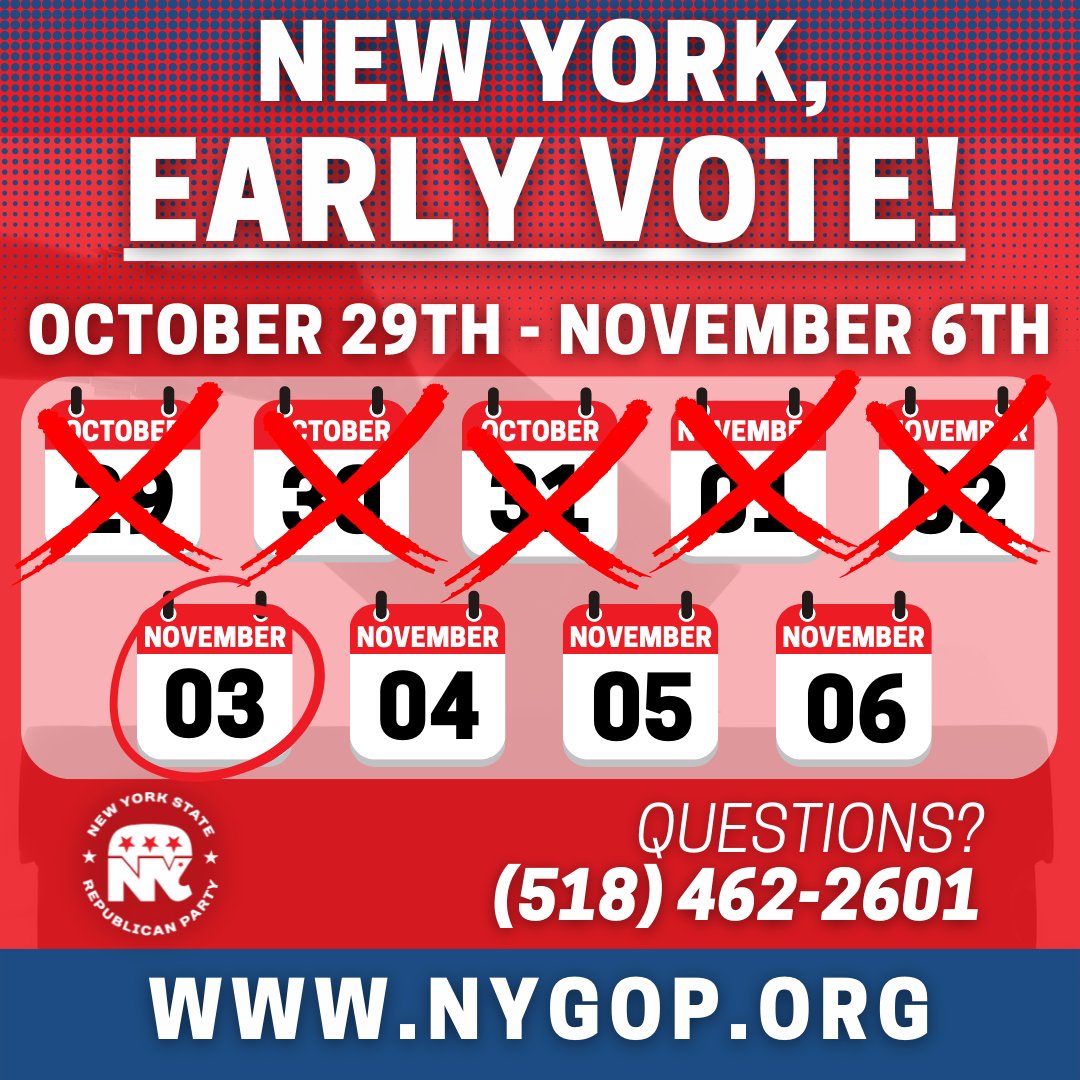 There are 4 more chances to #VoteEarly in New York-- today through Sunday, Nov. 6th! In order to #SaveOurState we NEED you to VOTE & bring out 10 friends, family, or co-workers. Click here for early vote times and locations: voteearlyny.org