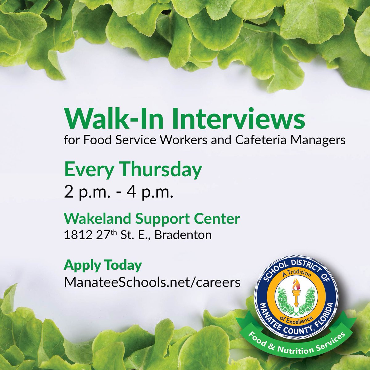 MCSD_FNS's tweet photo. Food &amp; Nutrition Services is NOW HIRING for Food Service Workers and Cafeteria Managers. 
We offer a GREAT SCHEDULE and BENEFITS:
🍏 nights, weekends and most holidays and summers off
🍏 health insurance for 6+ hrs, dental &amp; vision insurance
🍏 life insurance
🍏 retirement plan https://t.co/4NVY4MIxzL