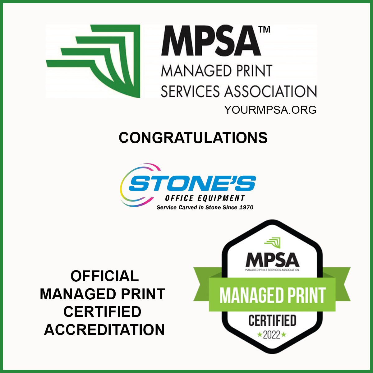 Congratulations to <a href="/soe_rva/">Stone's Office Equip</a> for achieving the Managed Print Certified accreditation from the Managed Print Services Association (MPSA) and joining the MPSA Insiders Group.

#mpsainsidersgroup #managedprintcertified #mpsa
