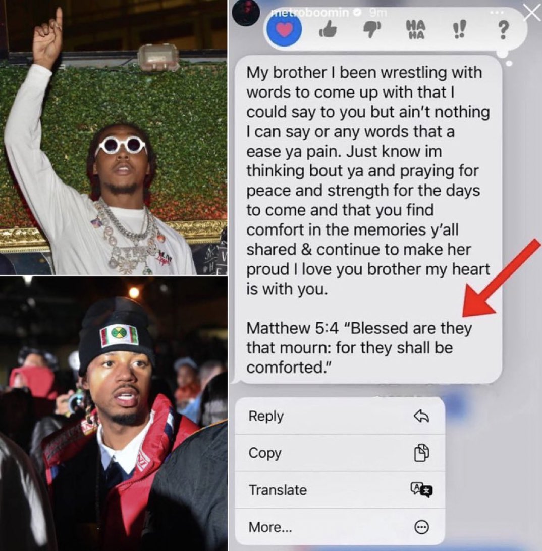 DailyLoud's tweet image. MetroBoomin shares the message Takeoff sent him after his mother passed away this year. RIP 🕊🙏