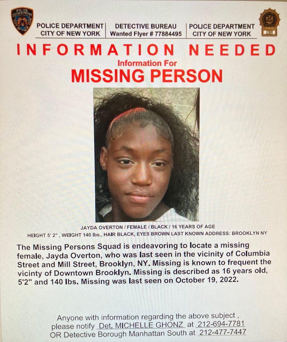 AnnaMnyc's tweet photo. 16 year old #JaydaOverton is missing- last seen in Red Hook, Brooklyn, where she is from. Known to frequent downtown Brooklyn. Please share. #MissingPerson https://t.co/FaTcbEXTq3