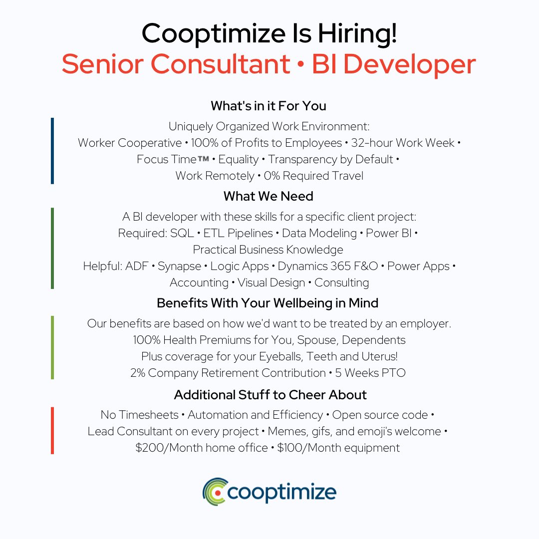joelleichty's tweet image. Cooptimize (@CooptimizeBI) is #hiring!

The Culture of Cooptimize: cooptimize.org/the-culture-of…

Quick Apply: cooptimize.org/quick-apply/

#PowerBI #BIDeveloper