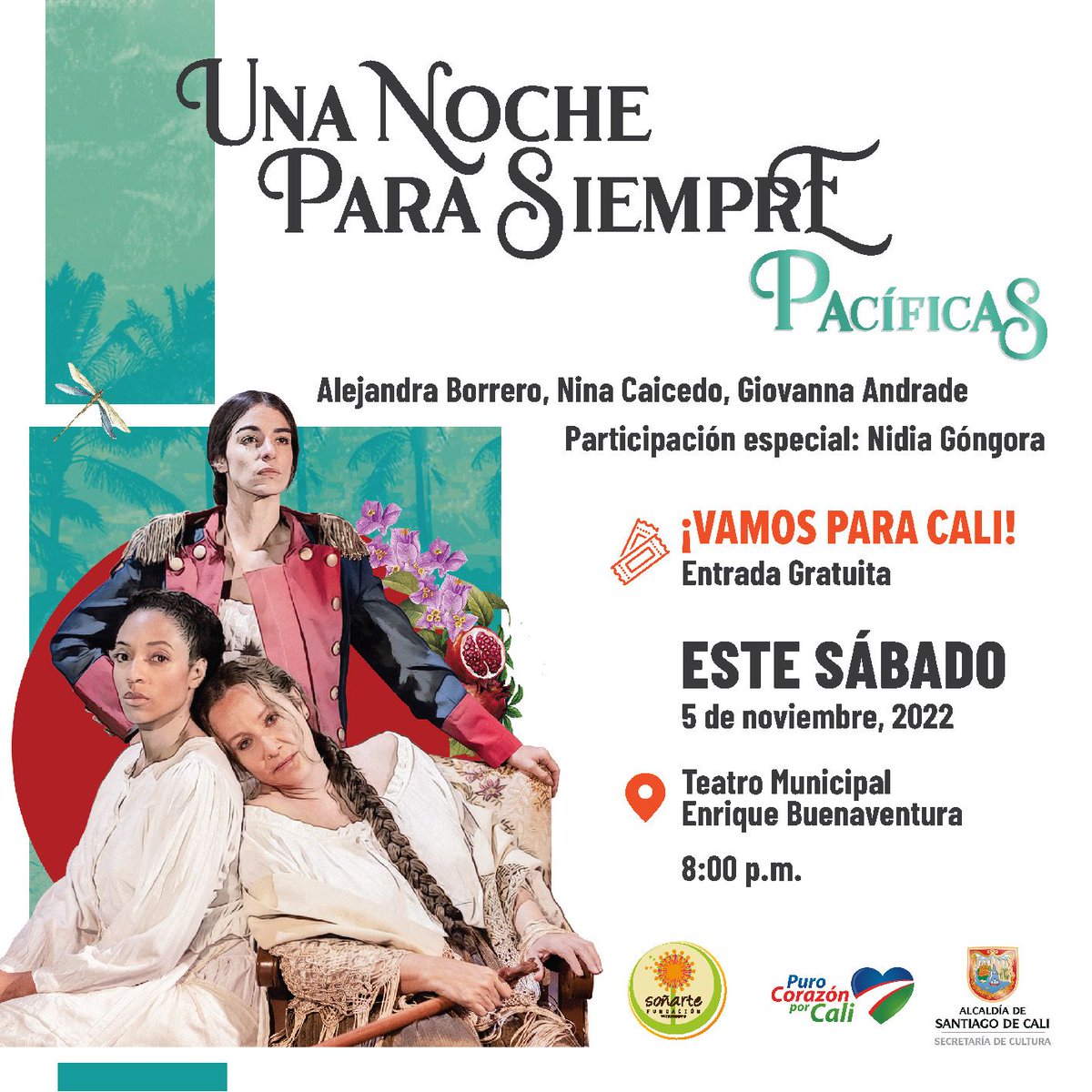 El plan este fin de semana es con 'Una noche para siempre Pacíficas', una majestuosa obra de <a href="/alejaboficial/">Alejandra Borrero</a>, <a href="/NinaCaicedo/">Nina Caicedo</a> y <a href="/giovaandrade7/">Giovanna Andrade</a>, con la participación especial de nuestra querida <a href="/NidiaGongora/">nidia gongora </a>. 
📅Sábado 5 de noviembre
⌚️8:00 p.m.
📍<a href="/TmunicipalCali/">Teatro Municipal</a>
¡Es entrada libre!
