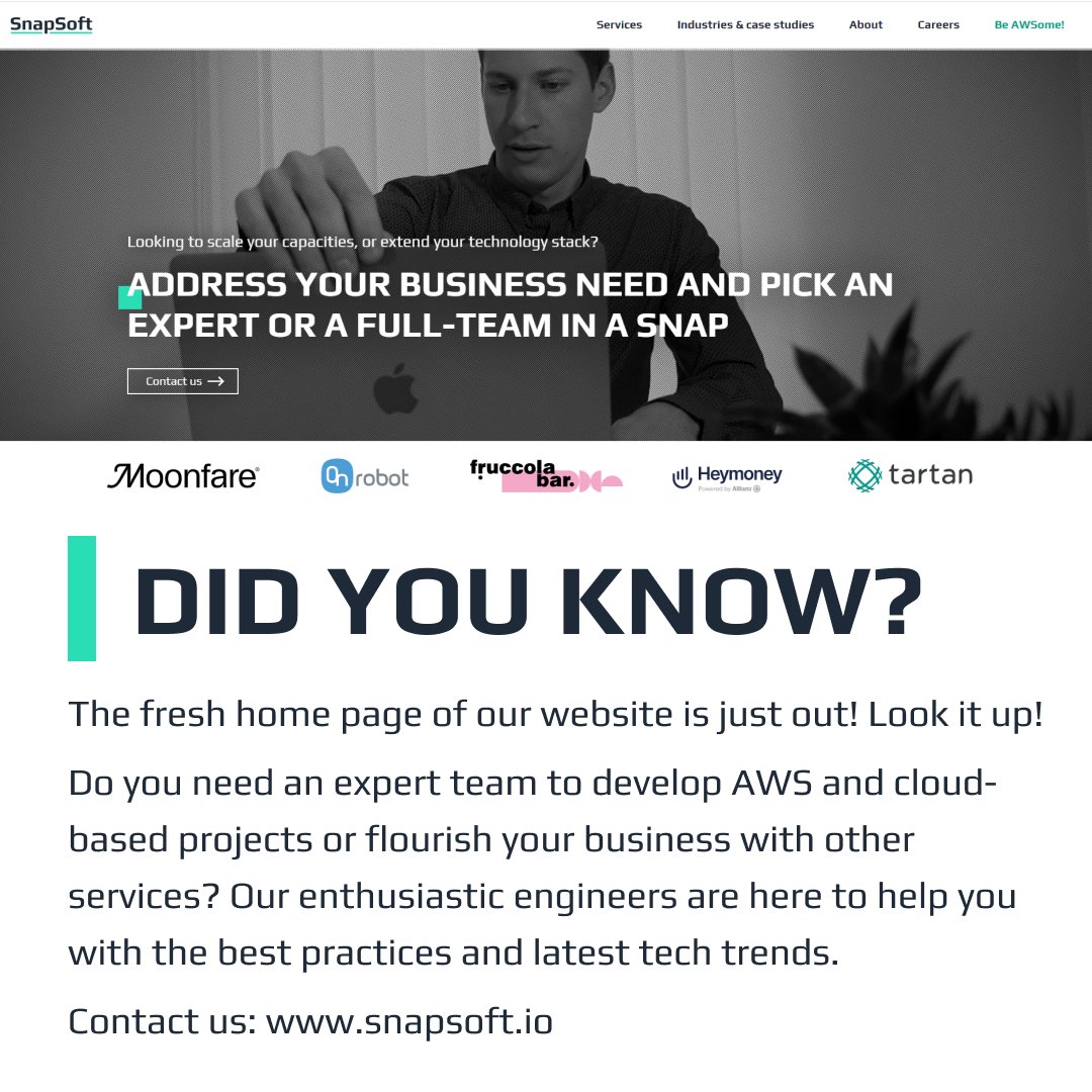 Check out our brand new home page, where you can easily contact us with only one click! Have a deeper focus on our case studies too, or schedule an intro meeting with us! 

👉snapsoft.io/#contact-us

#snapsoft #software #engineer #tech #cloud #aws #collaborate #business #coding