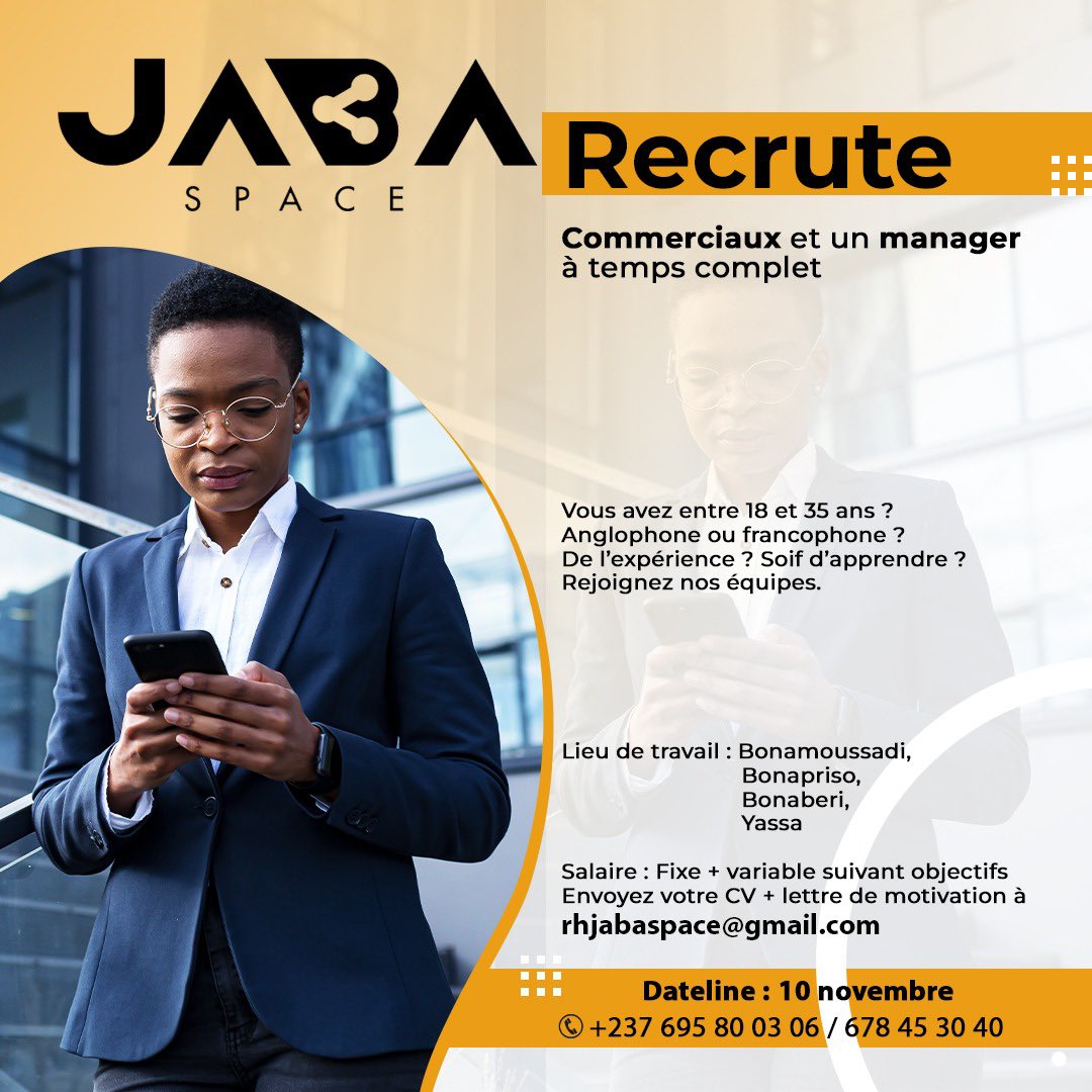 JABA SPACE RECRUTE 🌟🌟🌟 

JABA Space recrute des Commerciaux à temps complet et Un manager à temps complet. 
Vous avez entre 18 et 35 ans ? 
Anglophone ou francophone ?
De l’expérience ? Soif d’apprendre ?
Rejoignez nos équipes.
1/2