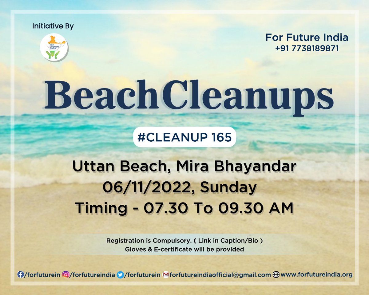 #Cleanup165
Uttan Beach, Mira Bhayandar
06/11/2022, Sunday 
Timing - 07.30 To 09.30 AM
.
Registration is Compulsory.
forms.gle/kiLMCvDv9iyUH1…
Gloves & E-Certificate will be provided
.
#ForFutureIndia #ForFutureIndiaTeam #BeachCleanups #BeachCleanupsIndia #MajhiVasundhara