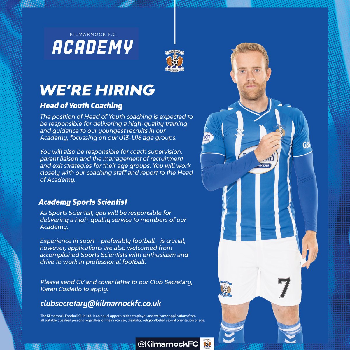 Join the team! 🤝

We're strengthening our academy backroom squad by adding a 𝗛𝗲𝗮𝗱 𝗼𝗳 𝗬𝗼𝘂𝘁𝗵 𝗖𝗼𝗮𝗰𝗵𝗶𝗻𝗴 and 𝗔𝗰𝗮𝗱𝗲𝗺𝘆 𝗦𝗽𝗼𝗿𝘁𝘀 𝗦𝗰𝗶𝗲𝗻𝘁𝗶𝘀𝘁. 

Hit the link below for application details.

➡️ kilmarnockfc.co.uk/vacancies/