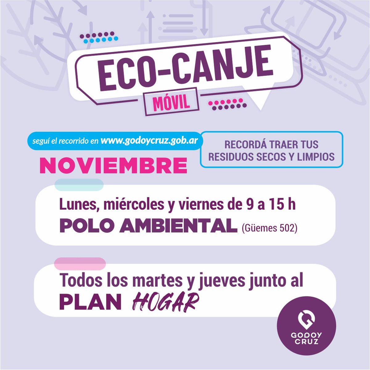 MuniGodoyCruz's tweet photo. Con #Ecocanje podrás cambiar tus residuos secos por carga en tu tarjeta SUBE 🚌
Este mes podes acercarte al Polo Ambiental o encontrarlo junto al recorrido del #PlanHogar 🏘️
#GCSustentable #GCCreceConVos https://t.co/IchSKQEj1C