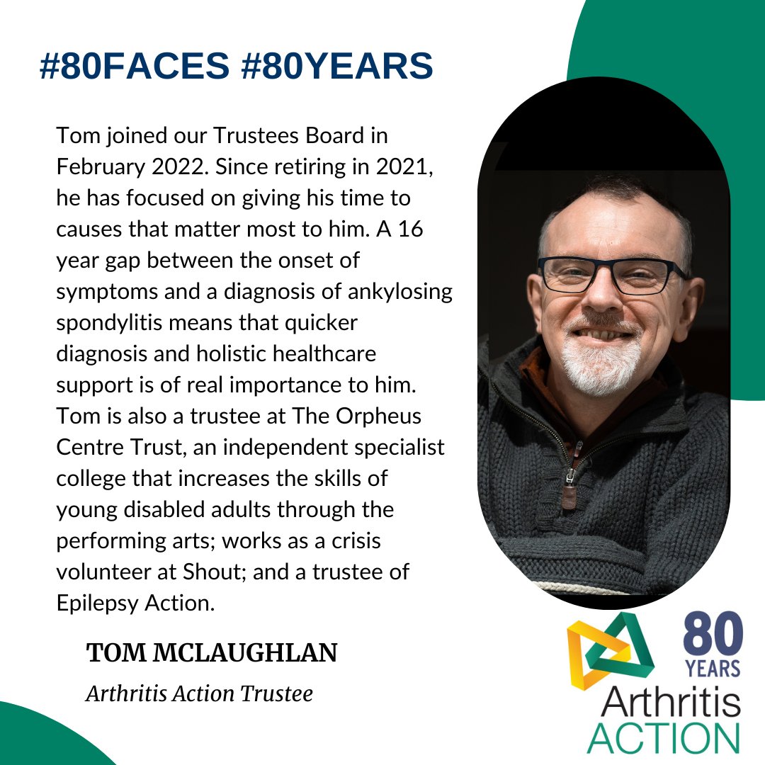 Arthritis_ACTN's tweet photo. Our #80Faces campaign recognises 80 key people who have helped #ArthritisAction over the past #80Years. 
Today we say #thankyou to Arthritis Action Trustee Tom, who joined our Trustees Board in February 2022. Thank you, Tom! #LetsTalkArthritis https://t.co/2pVtLfcBAH