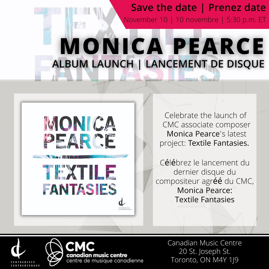 cmcnational's tweet photo. Join us Thursday, November 10, at 5:30 p.m. to celebrate the launch of CMC AC 
@MonicaMPearce's Textile Fantasies, featuring performances by @shhhensemble and Cheryl Duvall.

RSVP: https://t.co/poKbnnsHna

📍 Canadian Music Centre | 20 St. Joseph St. | Toronto, ON | M4Y 1J9 https://t.co/E38zrq51Dc