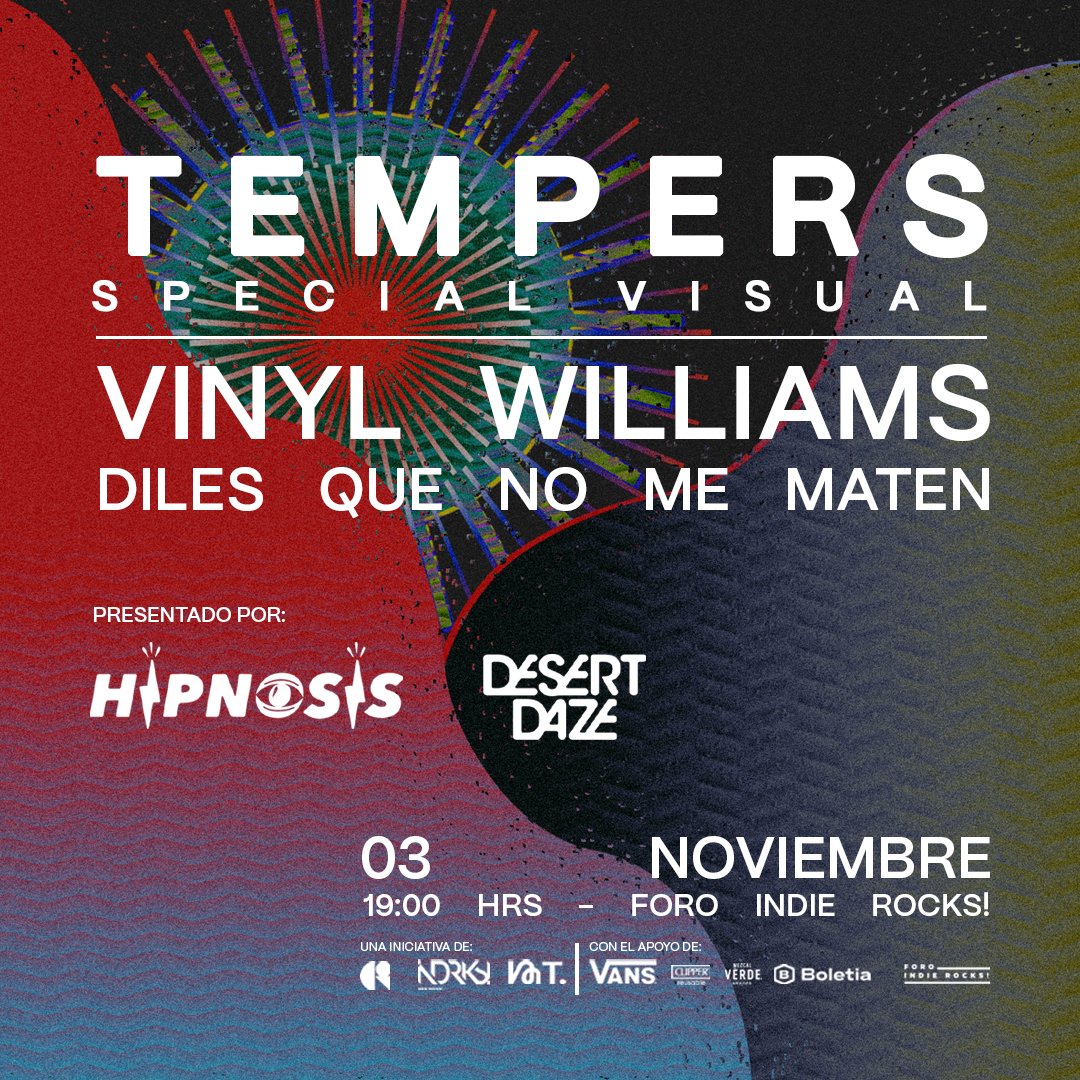 ForoIndierocks's tweet photo. Aquí se respira #Hipnosis2022, así que te esperamos esta noche para disfrutar el show con Tempers, Diles que no me maten. y Vinyl Williams. 👁️

🎟️ https://t.co/15SLVyTtlt https://t.co/yXSQJVurL2