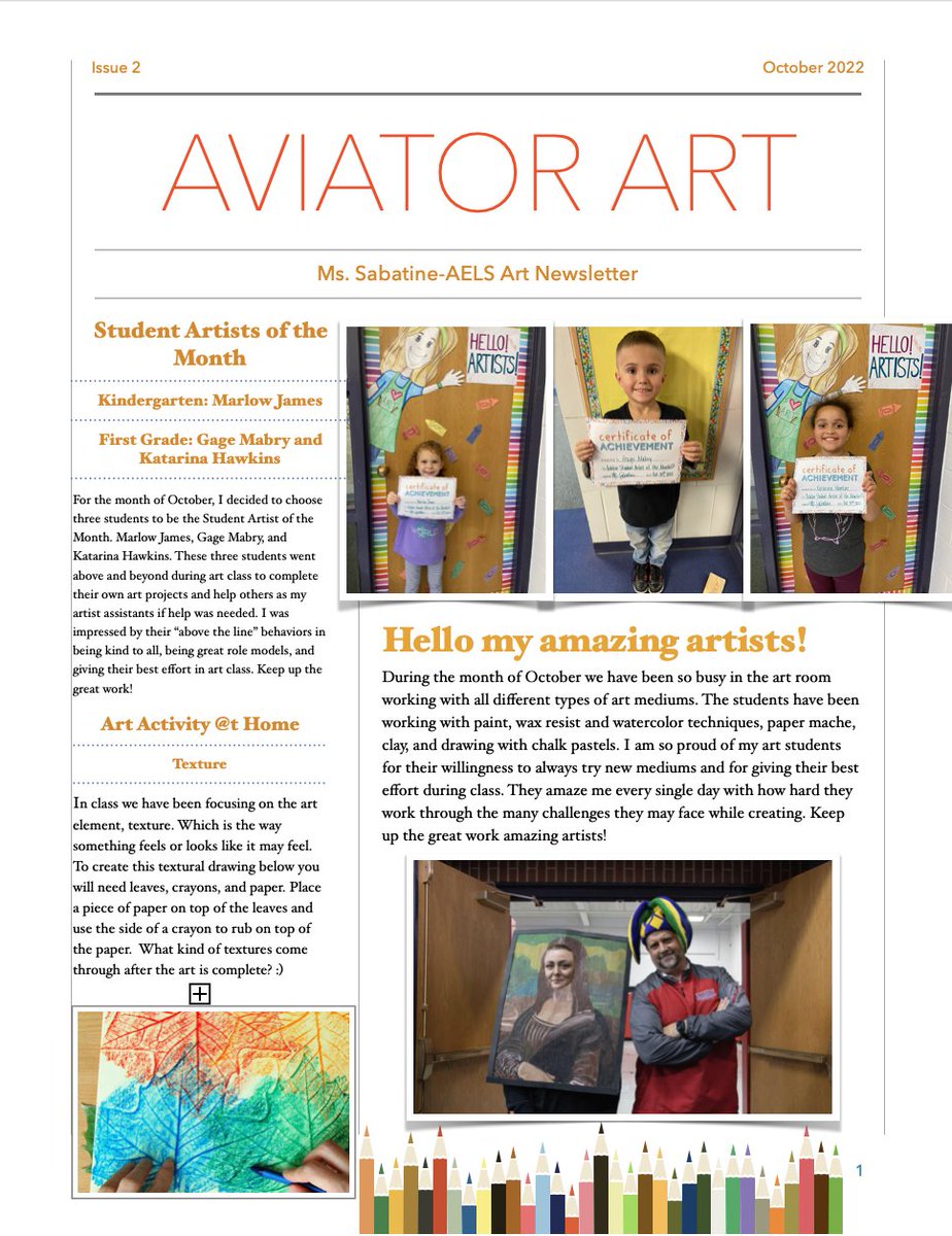 SabatineMadison's tweet photo. October AELS Aviator Art Newsletter! We are still working on some of these projects. Results to come soon! #artnewsletter #art #artteacher #aviatorart #AELS https://t.co/sV94kdXBK7