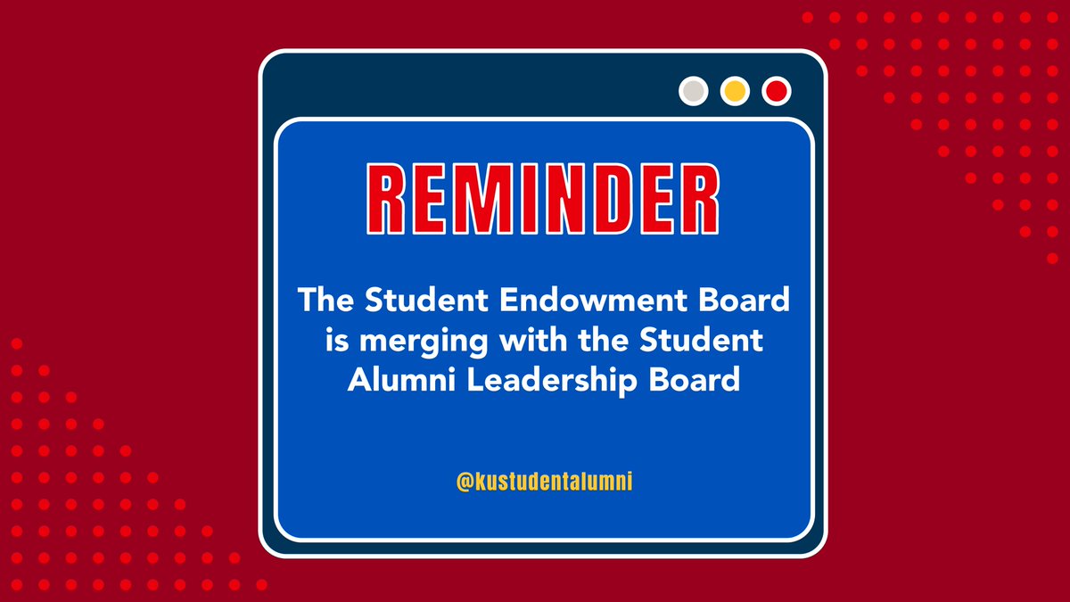 Another reminder: Student Endowment Board and Student Alumni Leadership Board have merged into one student outreach organization. If you want to stay up to date on everything student philanthropy, don’t forget to follow @kustudentalumni before we phase out this account! #RCJH
