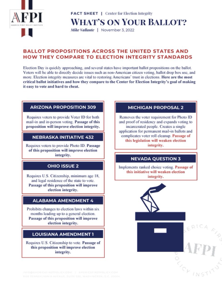 _AnnaDove's tweet image. What’s On Your Ballot?

Here are the most critical election integrity ballot propositions and how they compare to @A1Policy’s  Center for Election Integrity’s goal of making it Easy to Vote and Hard to Cheat. Check it out!

#voting
#ballot
#elections
#easytovotehardtocheat