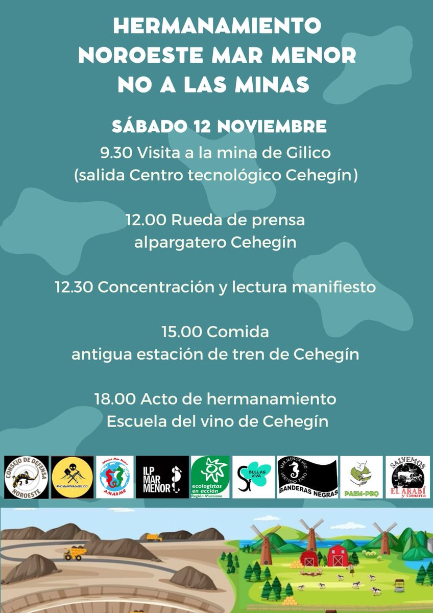 defensanoroeste's tweet photo. Previo a la ruta del domingo 13 de Noviembre en las pedanías de Caravaca, el sábado 12 en Cehegín tendremos una jornada de hermanamiento entre organizaciones del Noroeste de la Región de Murcia y las plataformas que luchan por la defensa del Mar Menor, con visita a la Mina Gilico https://t.co/tBh5Jge2fo