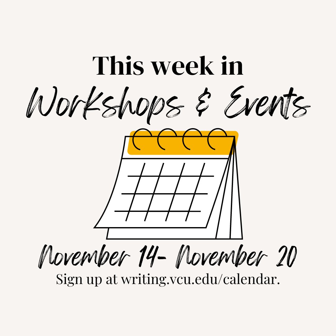 VCUWritingCtr's tweet photo. Check out this week's workshops:
-Paraphrasing Workshop on Monday, November 14 at 1 pm 
-APA &amp; Avoiding Plagiarism Workshop on Thursday, November 17 at 10 am

#vcu #virginiacommonwealthuniversity
#vcuwritingcenter #vcuwritestuff #vcurams #vcu2026
#vcu2025 #vcu2024 #vcu2023 https://t.co/Guozx9EMGU