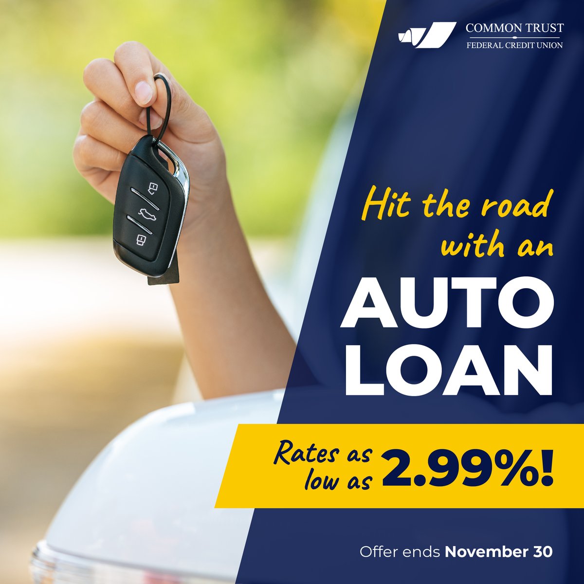 commontrustfcu's tweet photo. Ready for a new vehicle? Apply for our auto loan. Until Nov. 30, you can finance a 2020 vehicle or newer for up to 60 months at a rate as low as 2.99%* APR! Terms and conditions apply. See if you qualify today: https://t.co/j3Rdb4mWQ2 https://t.co/HcjN9se335