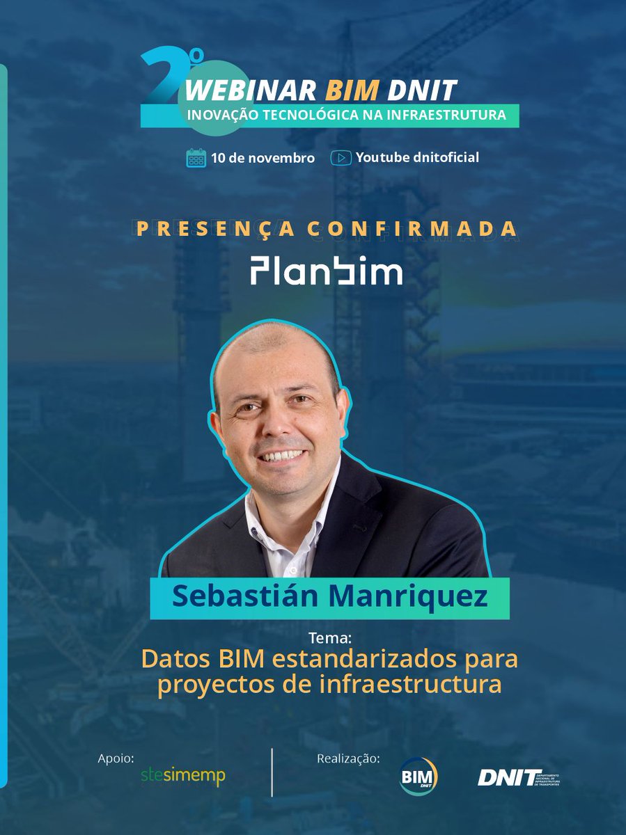 El <a href="/gov_dnit/">DNIT</a> de 🇧🇷 realizará su segundo Webinar #BIM DNIT. 

Como invitados internacionales, estará nuestro Subdirector <a href="/smanriquezf/">Sebastián Manríquez Fuentealba</a> y Presidente de la <a href="/BuildingsmartP/">BuildingSmart Portugal</a>, José Carlos Lino...