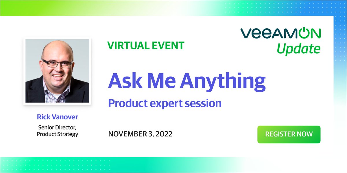 Veeam's tweet photo. Get your questions ready - Our LIVE Ask Me Anything with @RickVanover, @DannyAllan5 and team is starting in 5 minutes! Log in now to join in on the conversation >> https://t.co/zPTecR1gKd #VeeamONUpdate https://t.co/fbsjfkfGgU