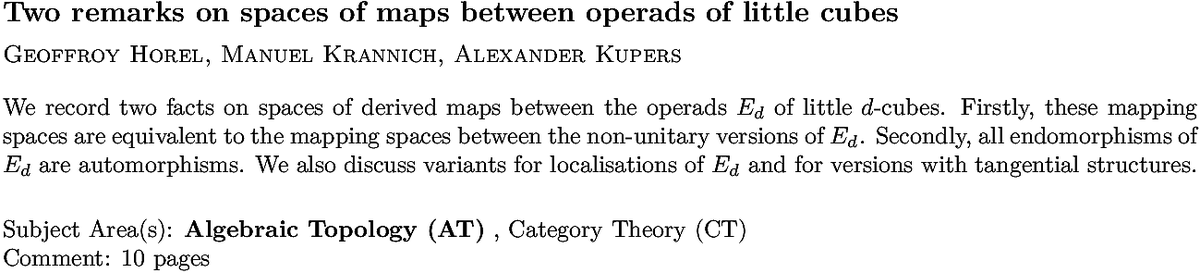 arxiv.org/abs/2211.00908…
G Horel et. al.
Two remarks on spaces of maps between operads of little cubes