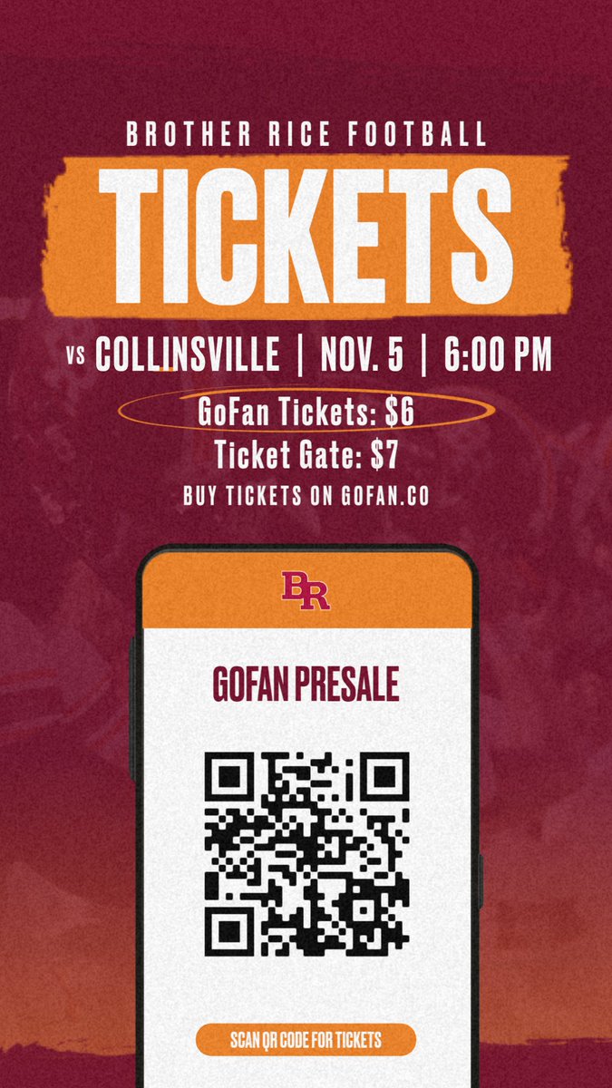 BRice_Athletics's tweet photo. Get your tickets early via GoFan for Saturday's @BrotherRiceFB Second Round @IHSA_IL Playoff game!

https://t.co/o9yjZCeP2z

#WeAreBR #100MPH https://t.co/Amn4x70giR