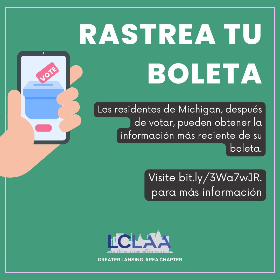 LCLAALansing's tweet photo. Emita su voto depositando su boleta en un buzón electoral cerca de usted. ¡Visita https://t.co/fSoqy3y2Gt para más información! Después, rastrea el progreso de su boleta en línea para garantizar su entrega exitosa. ¡Visita https://t.co/YO3v9q1ZnS para seguir tu #VOTO! #LCLAAvota https://t.co/4IPDUTygHV