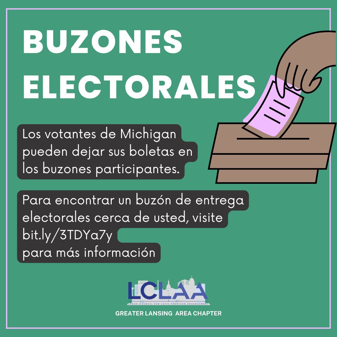 LCLAALansing's tweet photo. Emita su voto depositando su boleta en un buzón electoral cerca de usted. ¡Visita https://t.co/fSoqy3y2Gt para más información! Después, rastrea el progreso de su boleta en línea para garantizar su entrega exitosa. ¡Visita https://t.co/YO3v9q1ZnS para seguir tu #VOTO! #LCLAAvota https://t.co/4IPDUTygHV