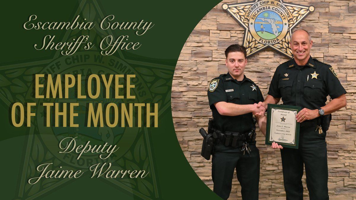 🎉Join us in congratulating the Escambia County Sheriff’s Office Employee of the Month, K-9 Deputy Jaime Warren! 🎉
Thank you for all you do at the ECSO, and for keeping our community safe!
#YourECSO #Congratulations #ThankYou #ECSOEmployeeOfTheMonth