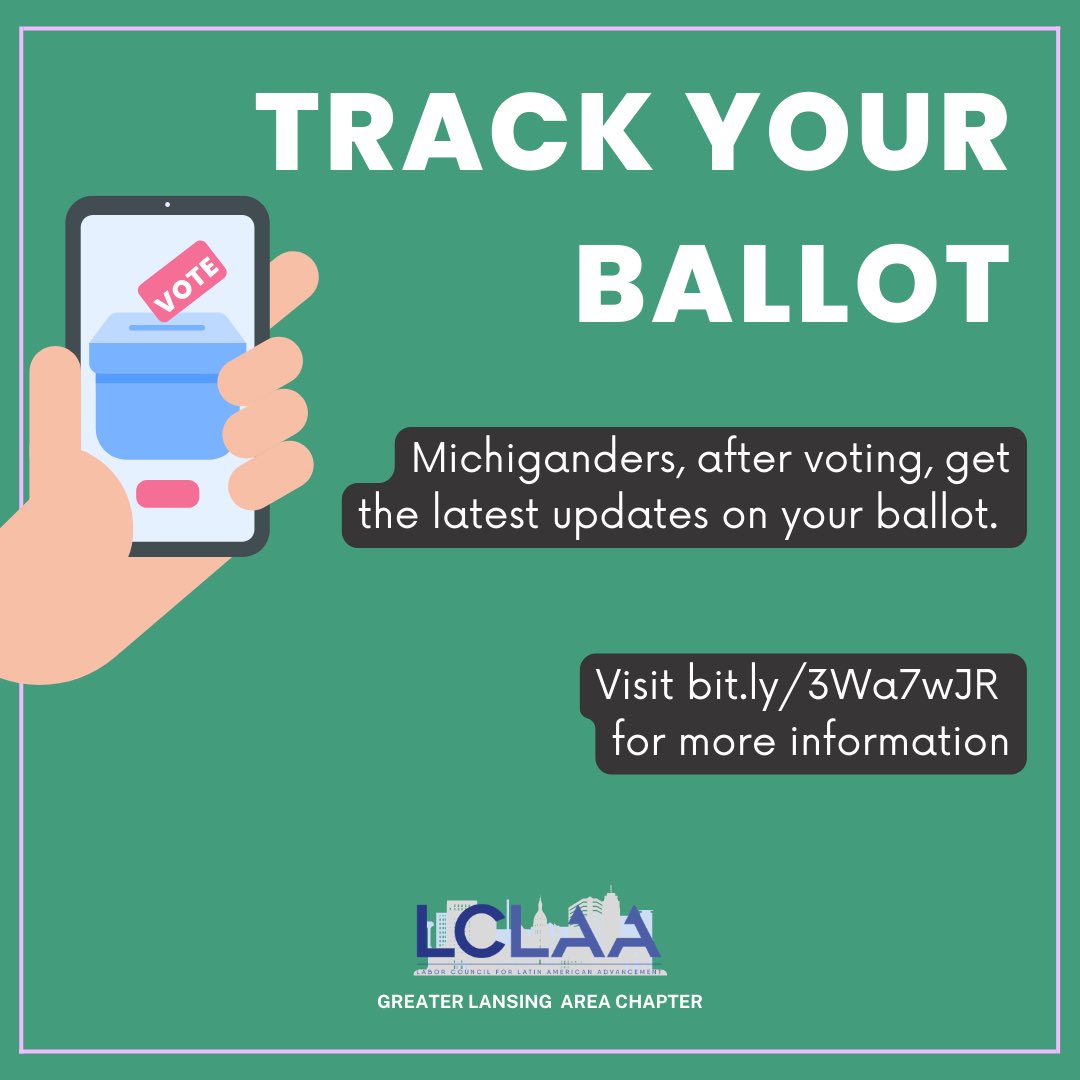 LCLAALansing's tweet photo. Cast your vote by dropping off your ballot at a participating drop boxes near you. Visit https://t.co/fSoqy3y2Gt for more information! After, track its progress online to ensure its successful delivery. Visit https://t.co/YO3v9q1ZnS to track your #VOTE ! #TrackBallot #LCLAAvote https://t.co/T5OghMPKaS