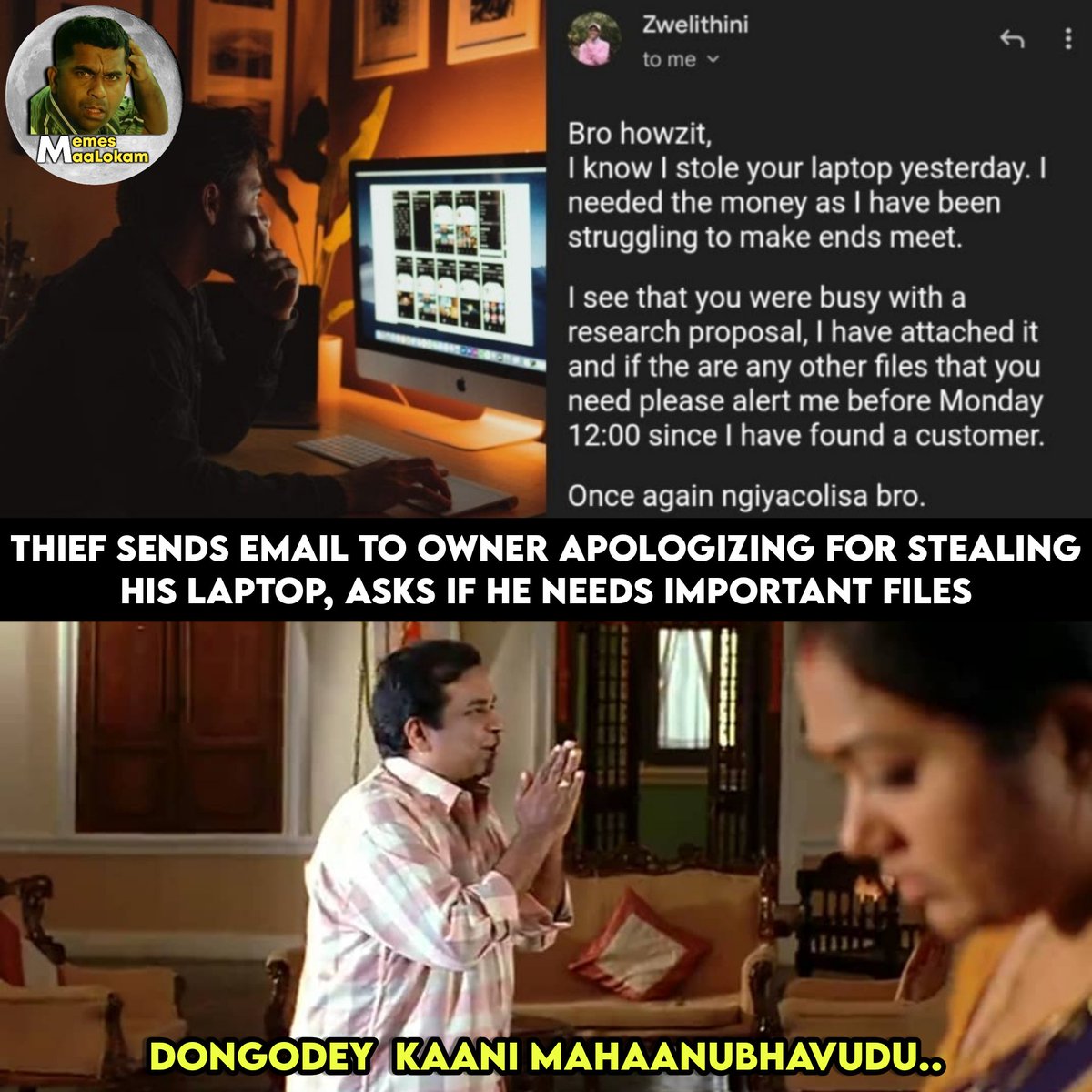 Nb4Ea's tweet photo. Oka Manchi Donga 😜

#Thief #Laptop #Importantfiles #Research #Money #Stealing

Follow @Nb4Ea 👈 https://t.co/8Ngqfx0KiA
