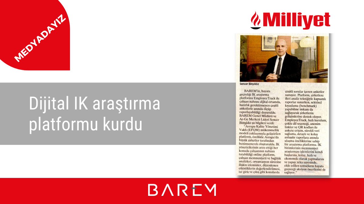 Baremresearch's tweet photo. EmployeeTrack Dijital IK Platformu haberimiz #Milliyet Gazetesinde
#barem #employeetrack #ik #araştırma #çalışanbağlılığı #çalışanmemnuniyeti https://t.co/z2nOe1IbTl