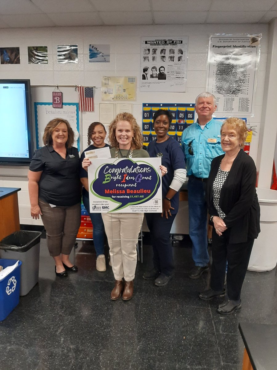 StarrsMillHS's tweet photo. Congratulations to teacher Melissa Beaulieu for winning a $1500 Bright Idea grant from Coweta-Fayette EMC for her forensics classes! Thank you to @CoFayEMC for their support of education through #operationroundup #SMPantherPride https://t.co/CaJ1ZFgdtq