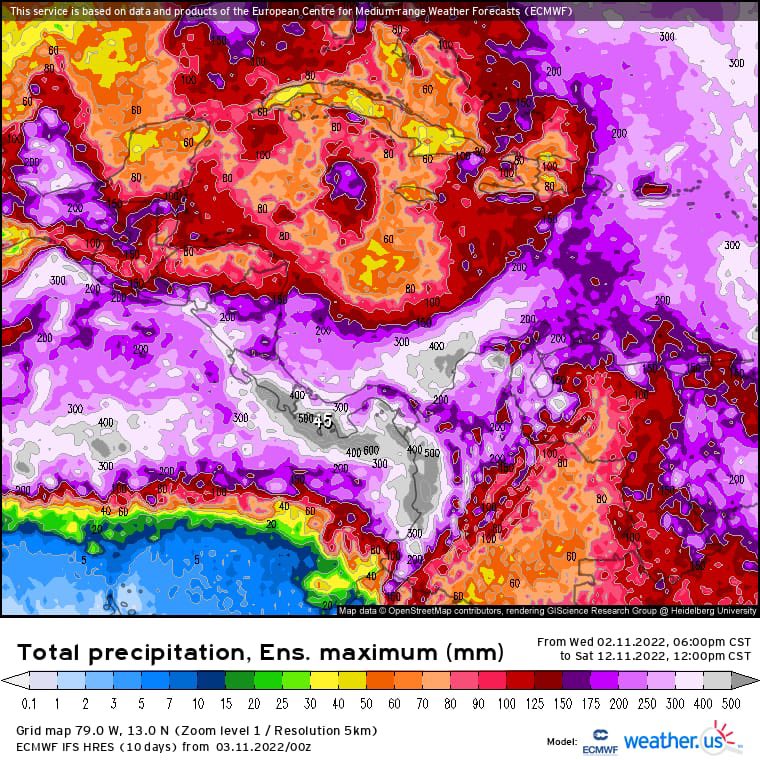 AlbFerracuti's tweet photo. Esta es una proyeccion de lluvia acumulada hasta el 12 de Noviembre. Este mapa no es asi nomas. No es tan simple. Hemos ido a revisar TODO, habran campos depresionarios, mucha agua precipitable en todos los niveles de la atmosfera incluso los 250 mb. Hay q vigilar esta coyuntura. https://t.co/jZJdQYb8nr