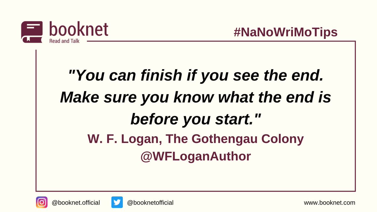 literallypr's tweet photo. #NaNoWriMo #NaNoWriMo22 #NaNoWriMoTips #writingcommunity
"You can finish if you see the end. Make sure you know what the end is before you start." @WFLoganAuthor, The Gothengau Colony

Authors - on behalf of LitPR &amp; Booknet we hope day 3 of NaNoWriMo is treating you kindly! 😃 https://t.co/sPlp3sIOk2