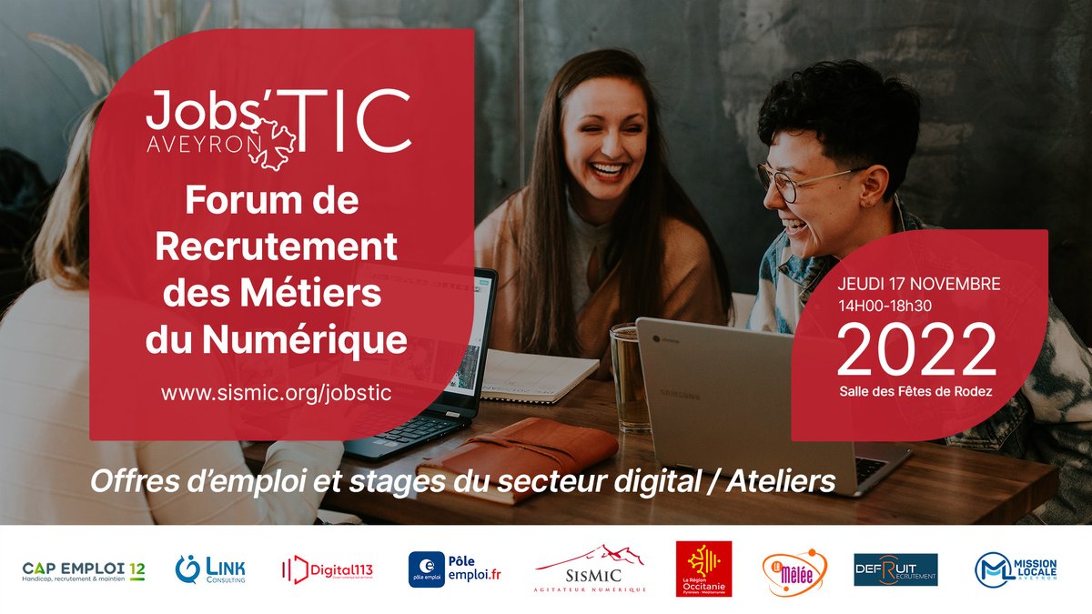 AssoSisMiC's tweet photo. Jobs'TIC Aveyron - Jeudi 17 Novembre 2022 //14h-18h30// Salle des Fêtes de Rodez - https://t.co/yzE3BWknMk https://t.co/z3uW2ExZ4l