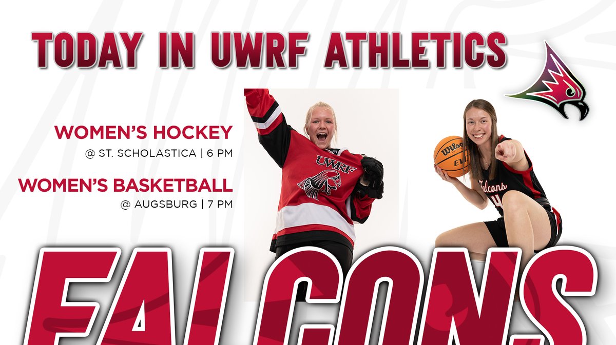 UWRFFalcons's tweet photo. 𝗧𝗼𝗱𝗮𝘆 𝗶𝗻 𝗙𝗮𝗹𝗰𝗼𝗻 𝗔𝘁𝗵𝗹𝗲𝘁𝗶𝗰𝘀

@UWRFHockey at St. Scholastica
@UWRFWomensBball at Augsburg

🗓️ https://t.co/XY58iB16CD | #FFT https://t.co/aNw3Q6XhUO