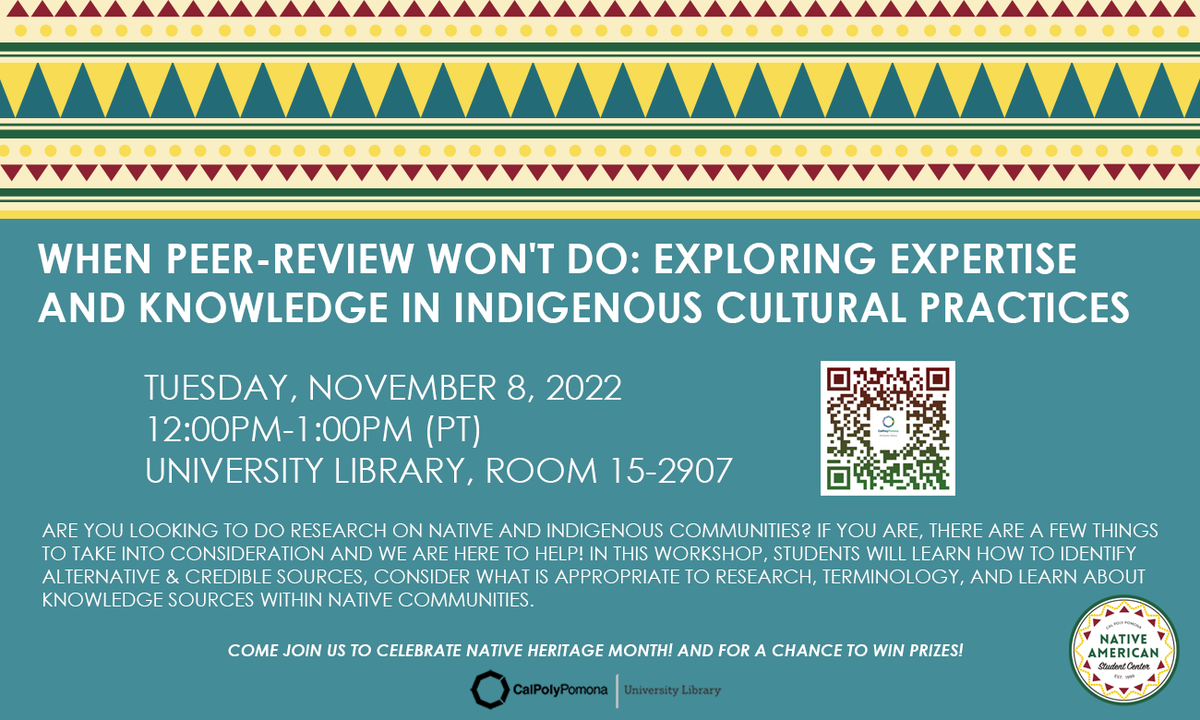 cpplibrary's tweet image. Are you looking to do research on Native and Indigenous communities? We have the workshop for you to help you identify credible sources, consider appropriateness to research, use proper terminology, and learn about leaders and knowledge sources: cpp.libcal.com/event/9795023