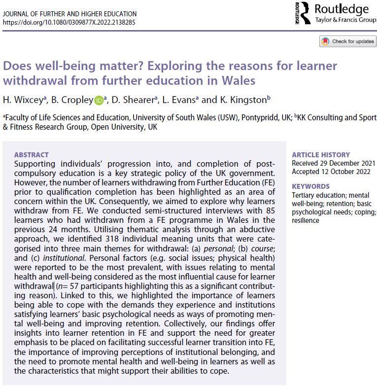 Really pleased for <a href="/HannahWixcey/">Hannah Wixcey</a> to have this research published (PhD Study 1) - "Does well-being matter? Exploring the reasons for learner
withdrawal from further education in Wales" 
tandfonline.com/doi/full/10.10…
<a href="/davshearer/">David Shearer</a> <a href="/doc_kk/">Kieran Kingston</a> <a href="/USWResearch/">USWResearch</a> <a href="/UniSouthWales/">University of South Wales</a>
