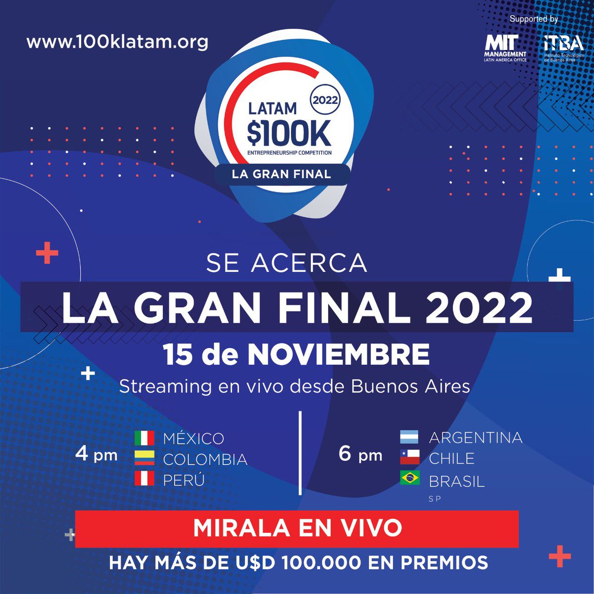 aceleralitoral's tweet image. ¡Llega la GRAN FINAL de #100KLATAM! 🚀🚀

‼️ Podés seguir la transmisión de esta gran final en vivo en los canales de Youtube de @Latam100 e @ITBA 

¡Hay más de U$S 100.000 en premios! 🙌🏻

#granfinal #startup #soluciones #financiamiento #ideas